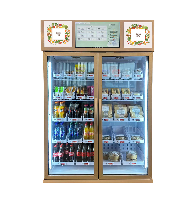 Double door smart vending fridge for vegetable egg fruit frozen meat snack and drink. Self service store vending machine soluiton